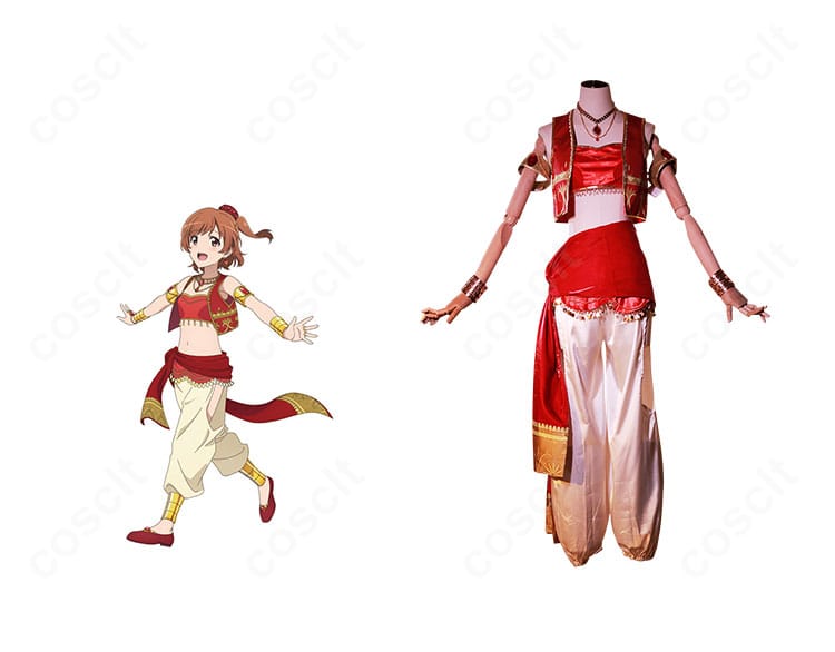 愛城華恋 千夜一夜物語ver. コスプレ衣装の正面とキャライメージ比較。装飾と配色を忠実に再現した全体像。