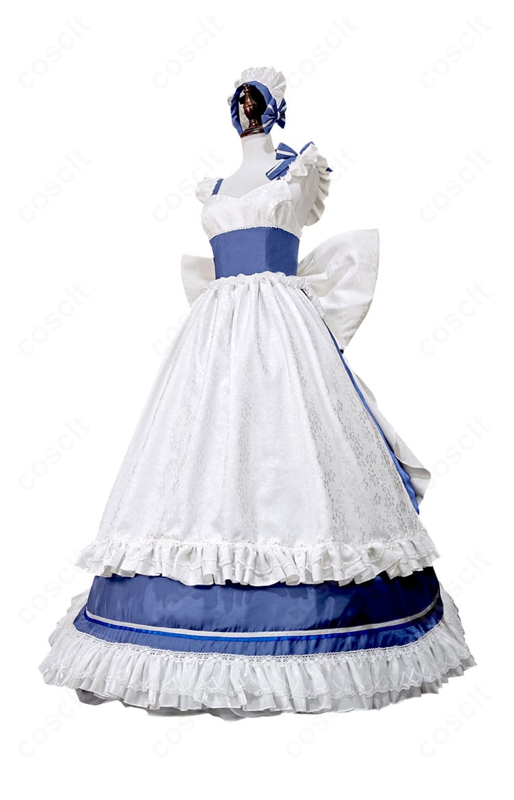 アズールレーン ベルファスト メイド服 側面。コルセットベルトと袖口・エプロン縁のディテール、フレアの広がりを示す画像