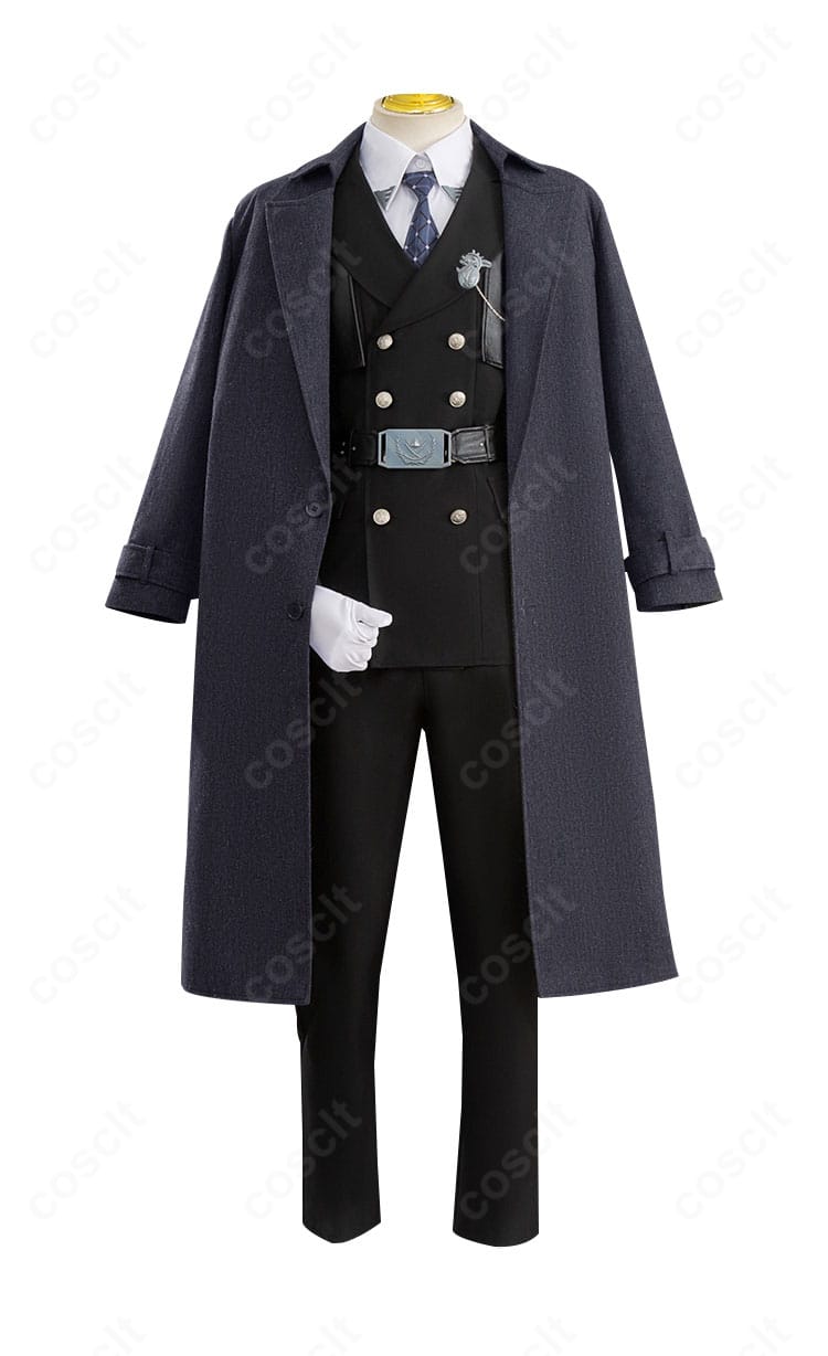 レイ コスプレ衣装の正面全体。ロングコートとシャツ、ネクタイのシルエットが明瞭に分かる写真。