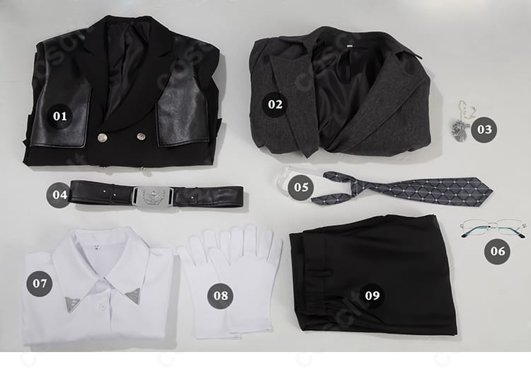 メガネとアクセサリーのクローズアップ。レイの知的な印象を演出する小物。