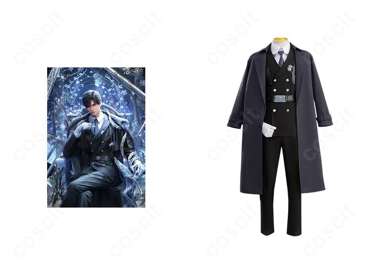 恋と深空 レイのフルコーデを着用したモデル。ロングコートとアクセサリーまで高忠実に再現。