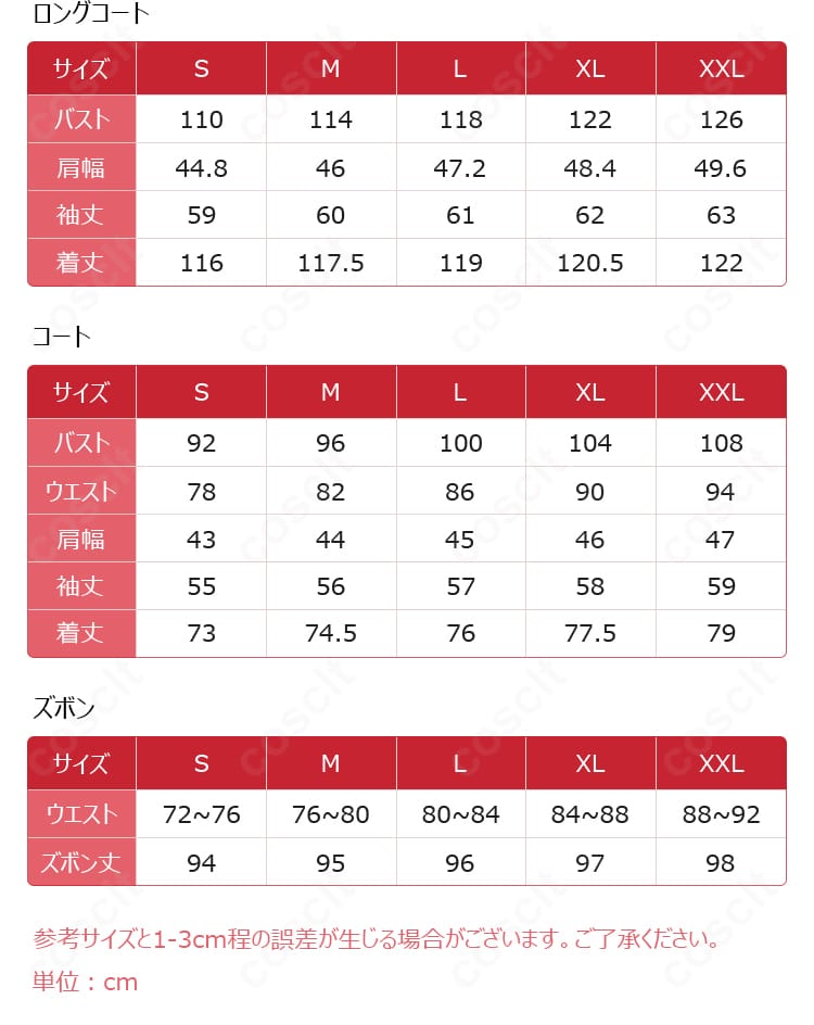 衣装セット一式の平置き画像。ロングコートから小物まで内容が一目で分かる。