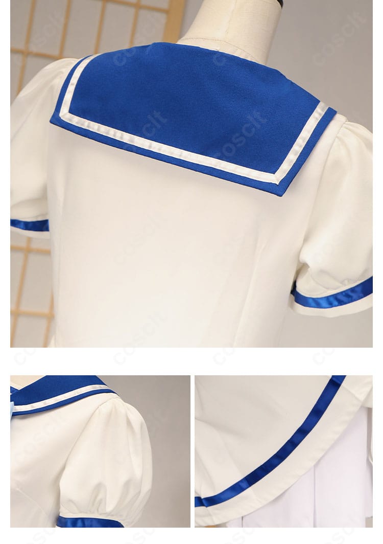 日奈森あむ セーラー服の披肩・肩袖・スカート装飾の接写。ラインテープと端処理の丁寧さを示す写真。