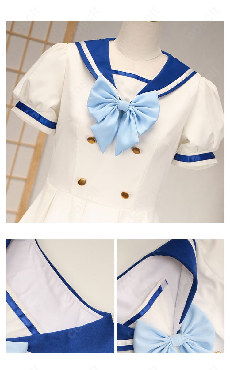 セーラー服コスプレの蝶結びアクセントと襟元ディテールのクローズアップ。ステッチと生地感が見える画像。