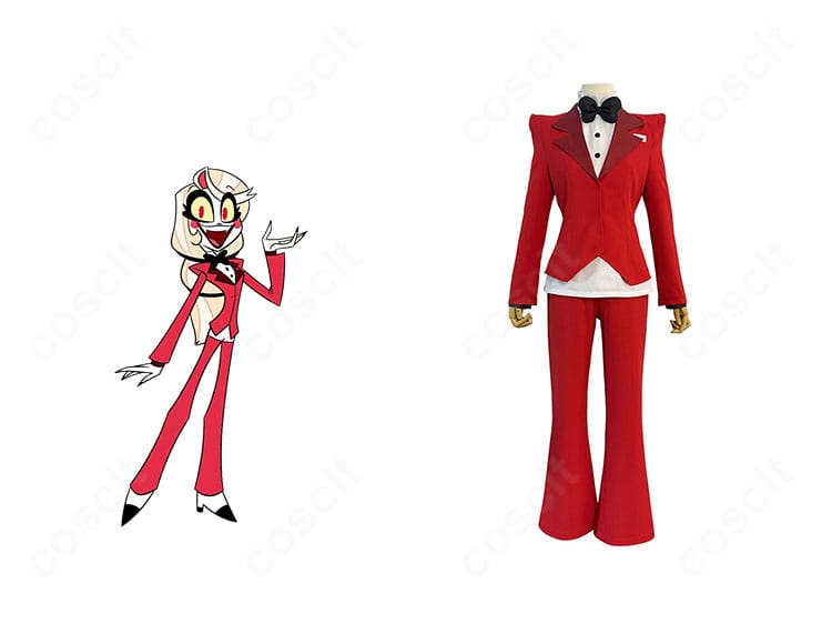 チャーリー・モーニングスターの通常衣装コスプレ一式を正面から。赤系スーツと蝶ネクタイの配色が高再現で仕上がった商品写真。