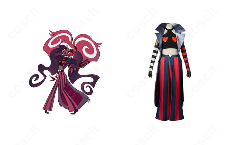 ヴェルヴェットのフルセットを着用した正面全身。ハズビン・ホテルの配色とシャープなシルエットを再現。