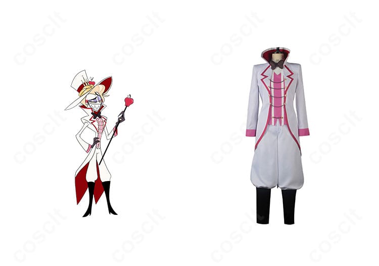 『ハズビン・ホテル』ルシファー・モーニングスターのコスプレ衣装とキャラクター正面。コートと帽子を含むフォーマルなフルセットを高精度で再現。
