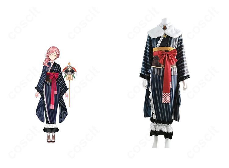 鷹嶺ルイのお正月衣装コスプレ一式の正面全体。公式イメージの配色と毛皮襟・腰の大きなリボンを再現した和装風デザイン。