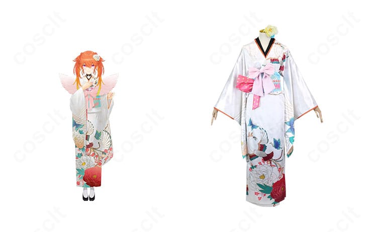 ホロライブ 小鳥遊キアラ お正月衣装のフロント全体と立ち絵比較。和装の配色と装飾を高再現した晴れ着コスプレ。