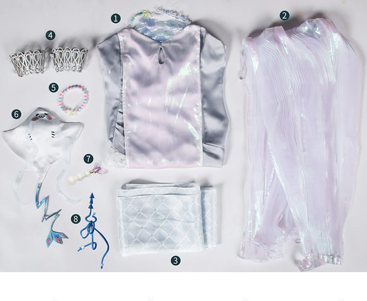 無期迷途 L.L. コスプレ衣装セット内容一覧。ワンピース、コート、マフラー、各種飾り、道具が一枚で確認できます。