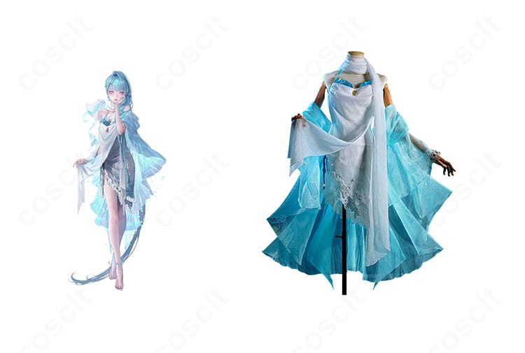 無期迷途 L.L. 島主 極楽島衣装の正面全身とキャラクター比較。色味と装飾の一致が分かる融合イメージ