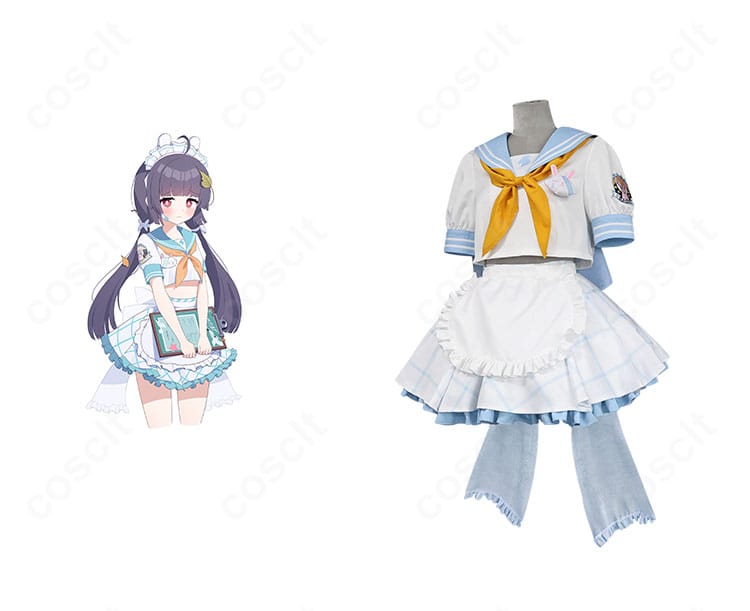 霞沢ミユのビジュアルと並べたセーラー服コスプレ一式の正面。ブルーアーカイブの世界観を再現した爽やかな配色。