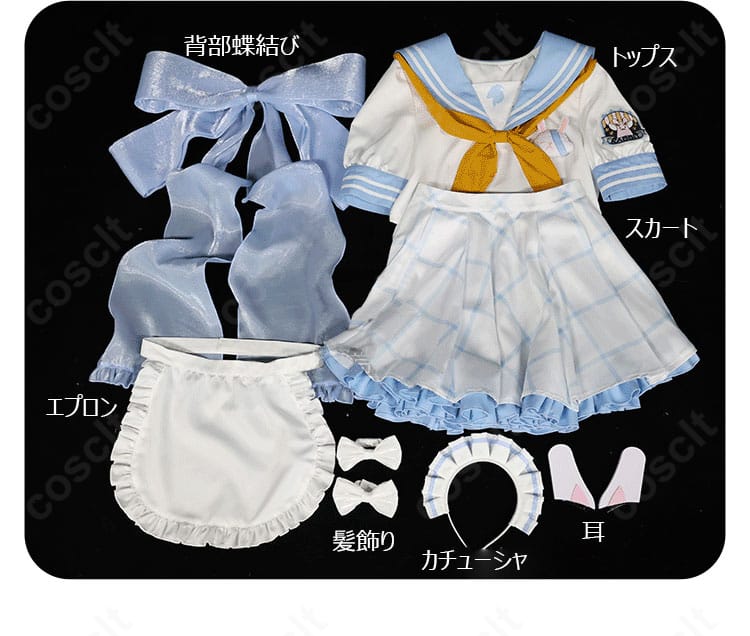 セット内容一式のレイアウト。トップス、スカート、エプロン、背部蝶結び、カチューシャ、髪飾り、耳が揃う。