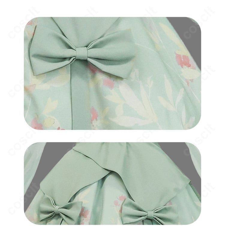 ウエストの蝶結び装飾の近接画像。結び目の立体感と固定方法、ステッチの丁寧さが見える。