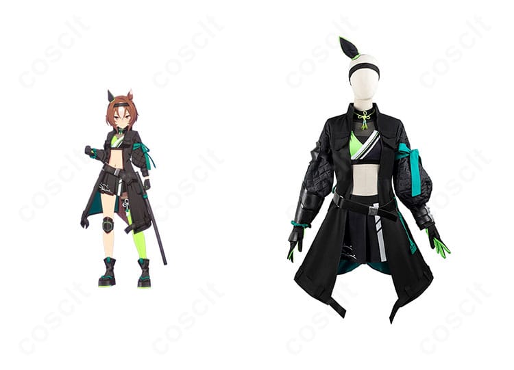 ヤエノムテキ 黒将Zen 勝負服のフルコーデとキャラクターを並べたカット。配色と装飾位置の一致で高再現を示す画像