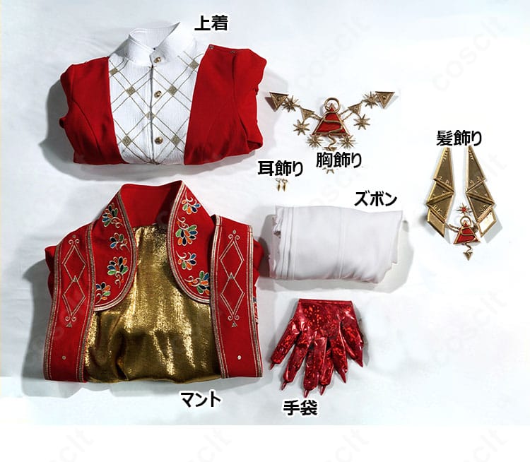 セット内容一覧。マント、上着、ズボン、胸飾り、耳飾り、手袋、髪飾りが含まれます。