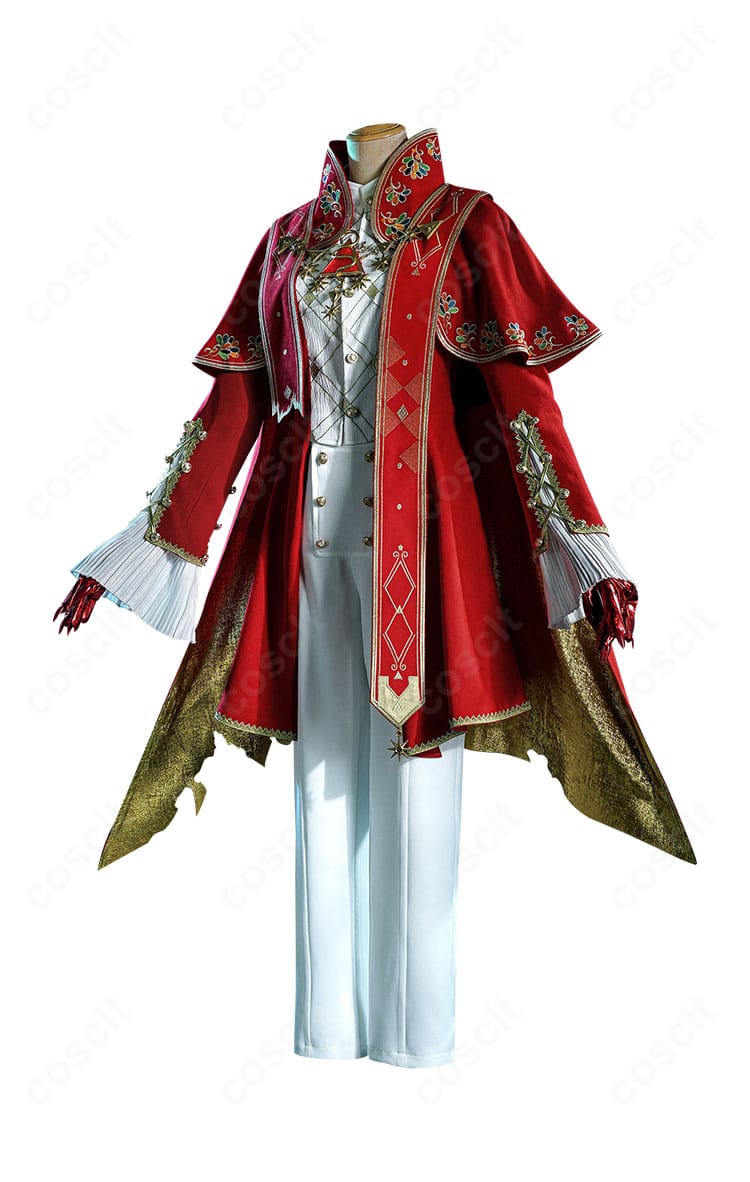 コスプレ衣装の側面。マントの落ち感とコートのライン、肩の立体装飾のバランスを確認できます。