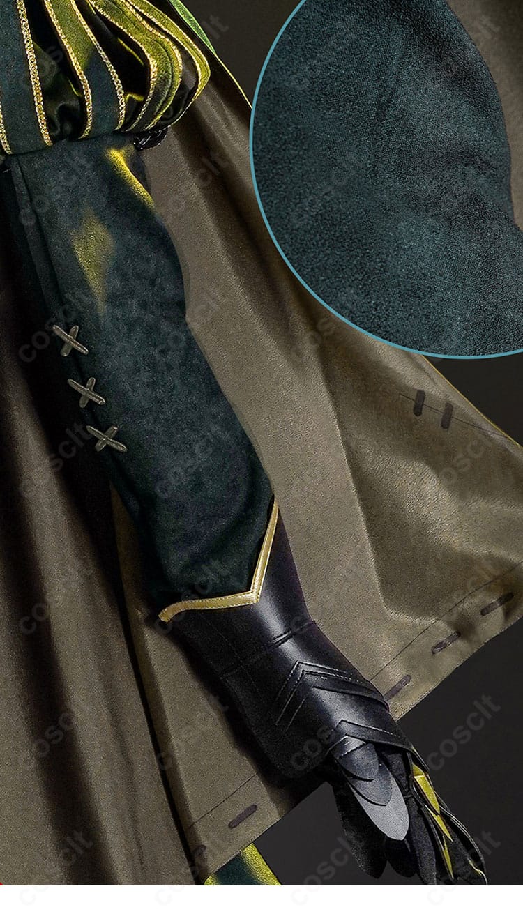 騎士コスプレ衣装の袖口ディテール。縁取り刺繍と丁寧な縫製で高級感を演出。