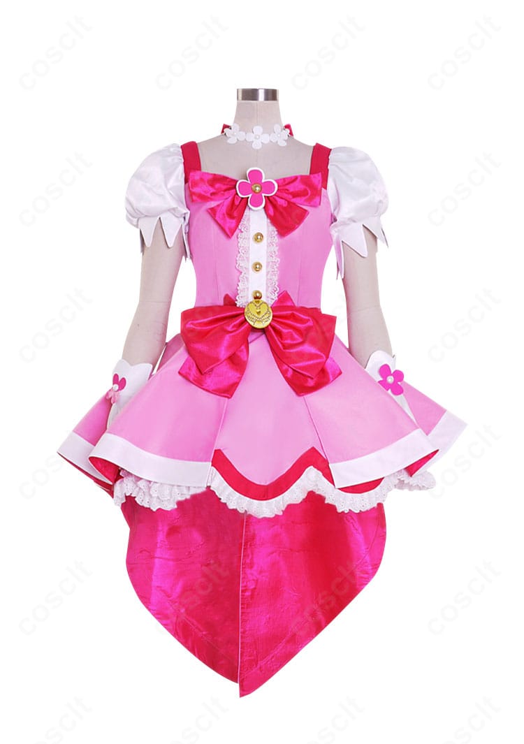 キュアフローラ衣装の正面ディテール。胸元の装飾と刺繍、ウエストラインの美しいシルエットが分かる画像。