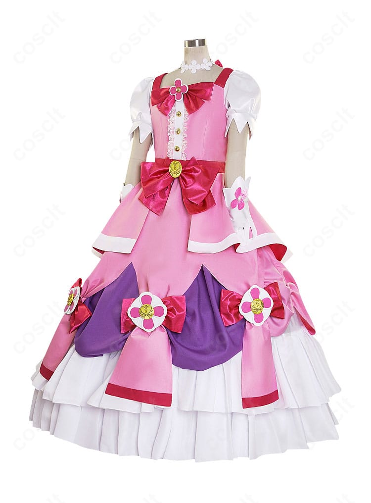 キュアフローラ衣装を左側から。袖口・胸元の装飾とスカートの広がりをディテールまで表現。