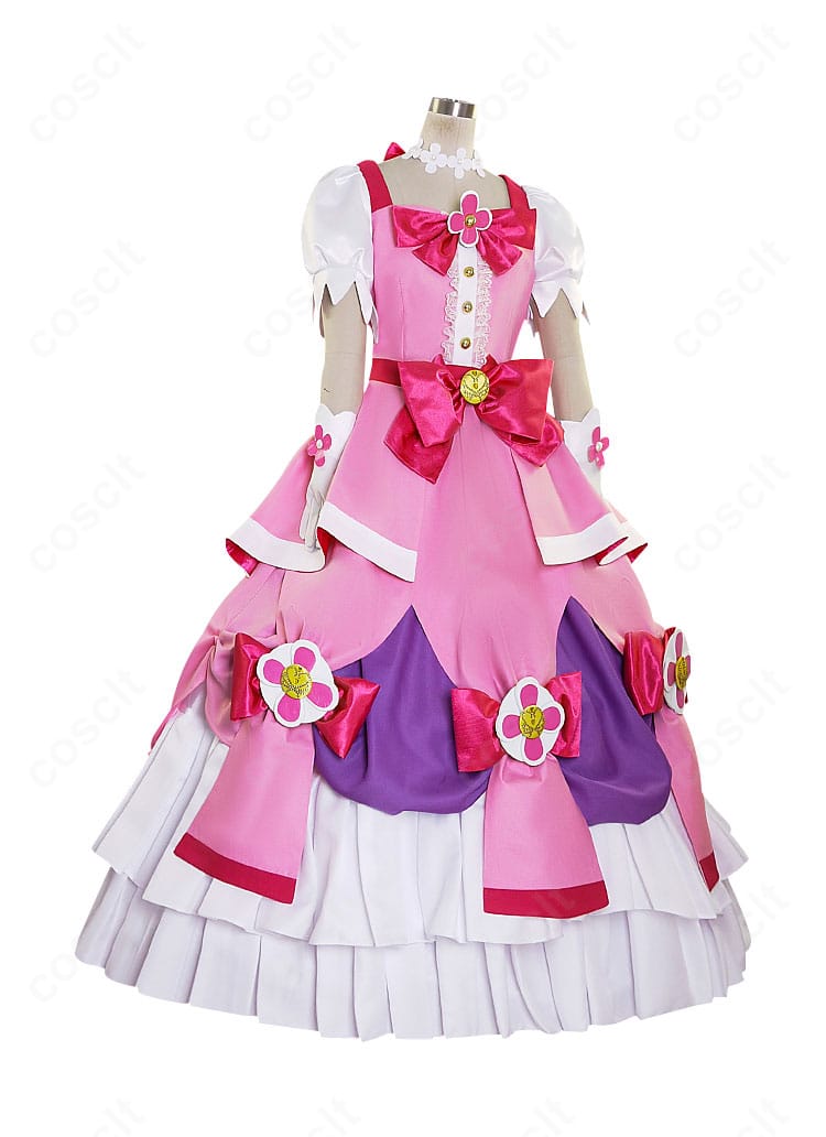 キュアフローラ衣装を右側から。ウエストラインとフリル段の美しい流れ、立体的なシルエットを確認。