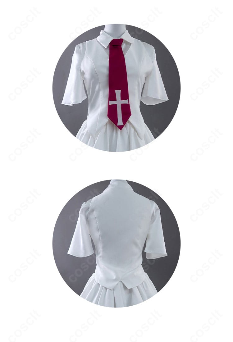 水上由岐コスプレ衣装 正反面ディテール比較。ベストの切替、ボタン配置、装飾の位置関係を分かりやすく表示