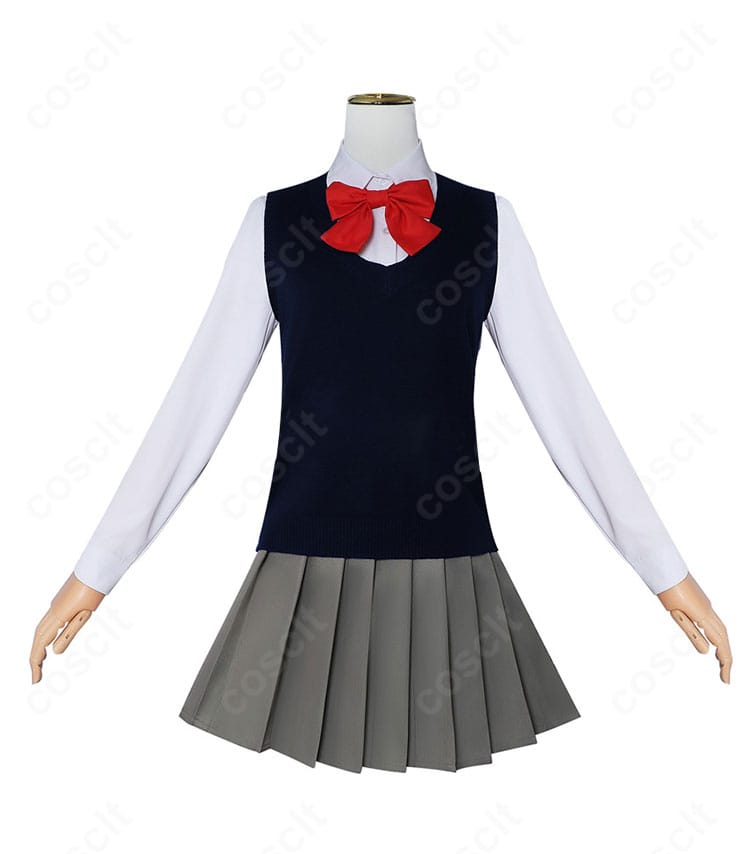学園制服コスプレ一式の正面図。シャツの白さとベストのハリ感、均一プリーツのシルエットを確認できます。