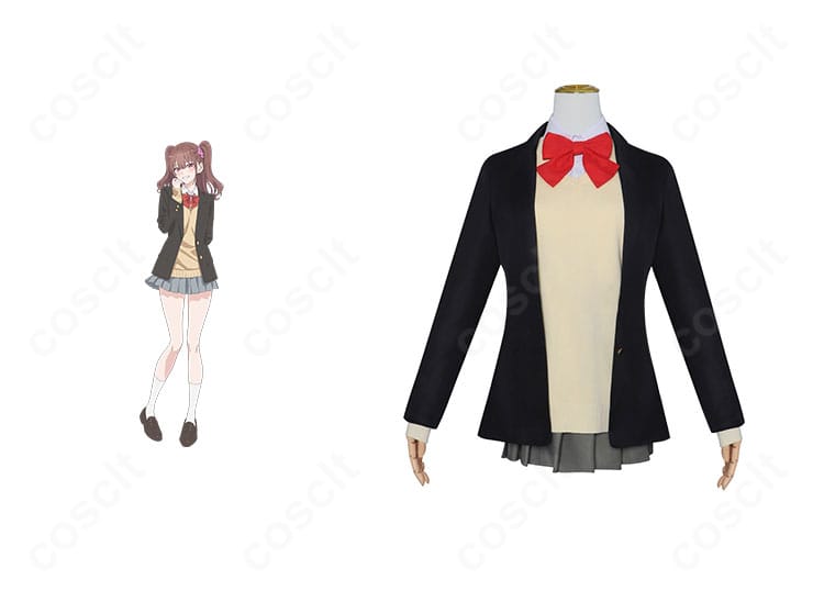 橘美花莉の制服コスプレ衣装とキャラクタービジュアルの比較イメージ。刺繍装飾と端正なシルエットで高再現を示す正面写真。