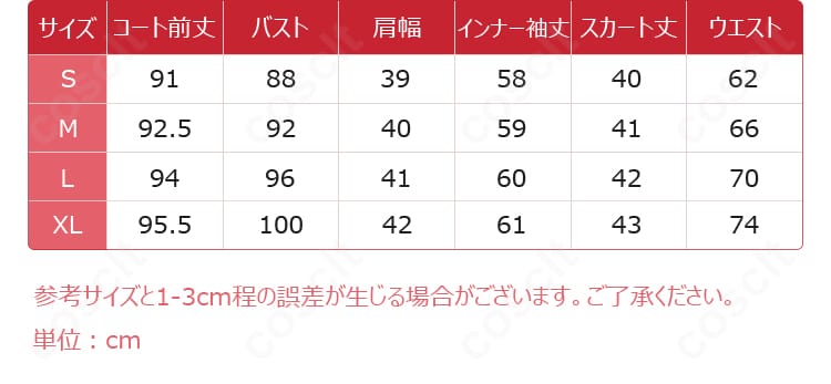 アークナイツ プリースティス衣装のサイズ表と対応範囲(S〜XL)を示した図版。セット内容の確認にも役立つガイド。