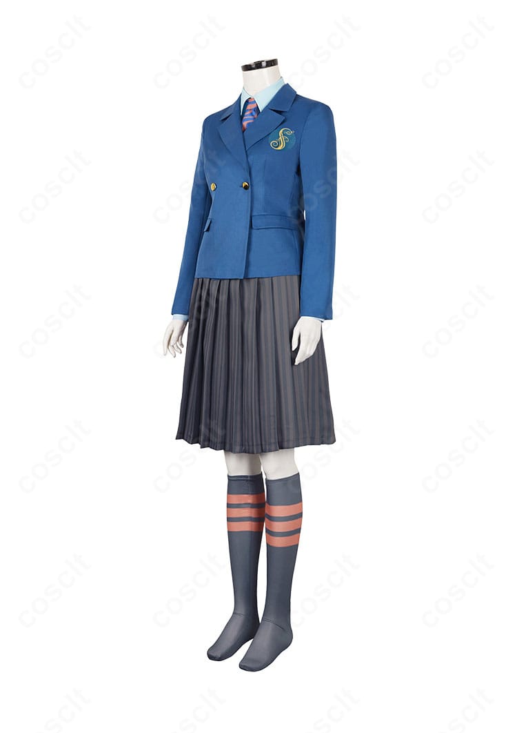 ウィキッド シズ大学 制服コスプレの左側面。肩から裾へまっすぐ落ちるシルエットとウエスト位置のバランスが分かります。