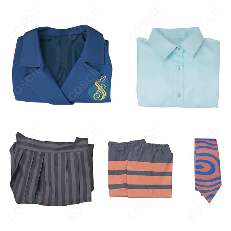 ウィキッド シズ大学 制服コスプレのセット内容一覧。コート・シャツ・スカート・ネクタイ・靴下の5点が揃った内容を表示。