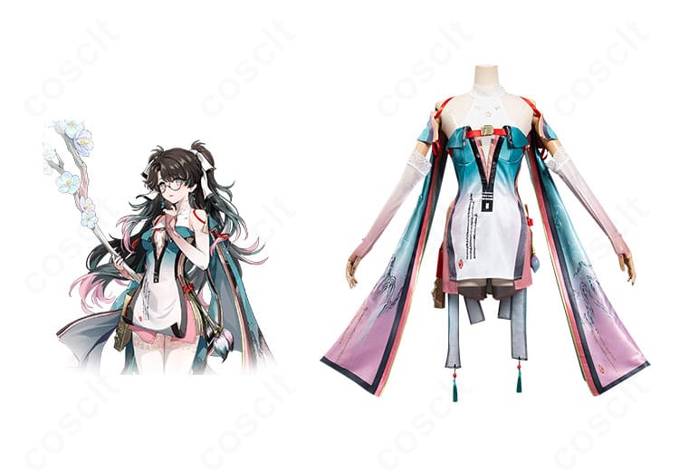 鳴潮 折枝(オリエ)コスプレ衣装の正面とキャラクター比較。胸飾り・腰飾り・眼鏡まで再現した高ディテールの全身コーデ。