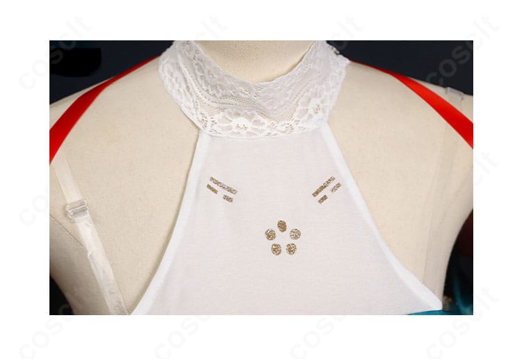 鳴潮 折枝(オリエ)コスプレ衣装の襟元ディテール。装飾パーツの質感差とステッチワークを強調。