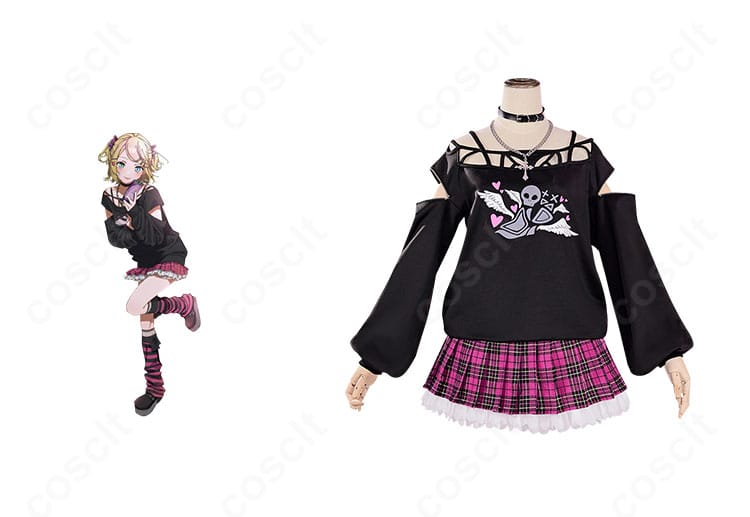 鏡音リン ドン・キホーテフェア2024コラボ衣装の商品正面とキャラクタービジュアルの比較イメージ