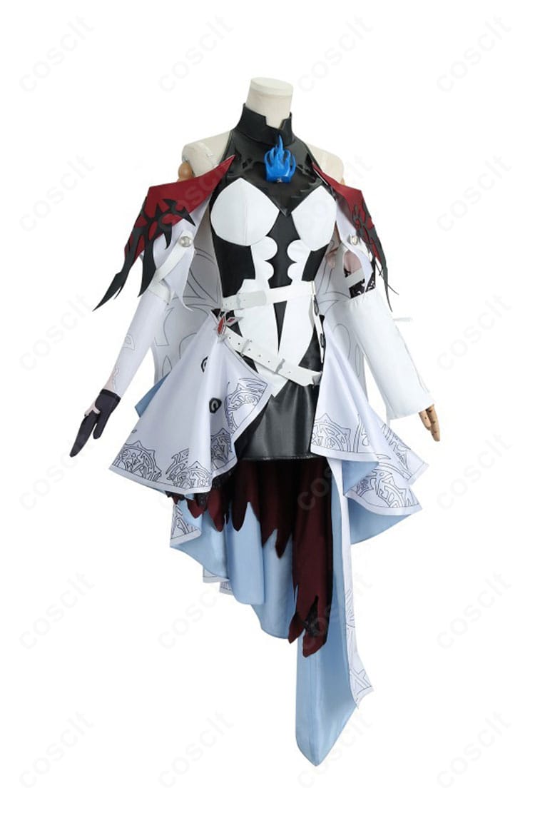 エリザベス・ローズ・ブラッドフレイム衣装の側面写真。オーバースカートのボリュームとベルトの収まりを示す角度