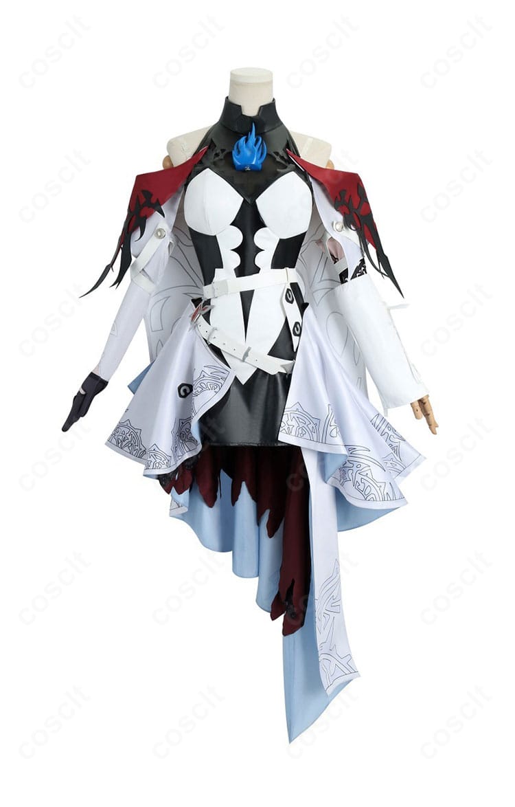 エリザベス・ローズ・ブラッドフレイム衣装の正面全景。ワンピースとマントの重ね構成や胸飾りの位置が分かるディテール