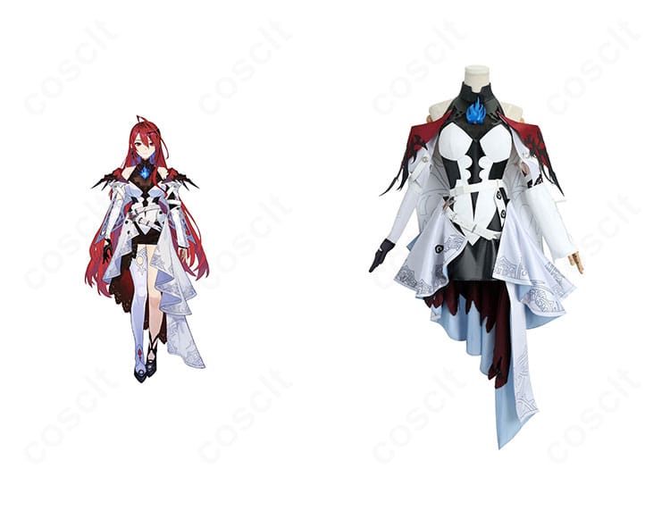 エリザベス・ローズ・ブラッドフレイムのコスプレ衣装を正面から。キャラクターイメージと並びで全体のシルエットと配色を確認できる画像