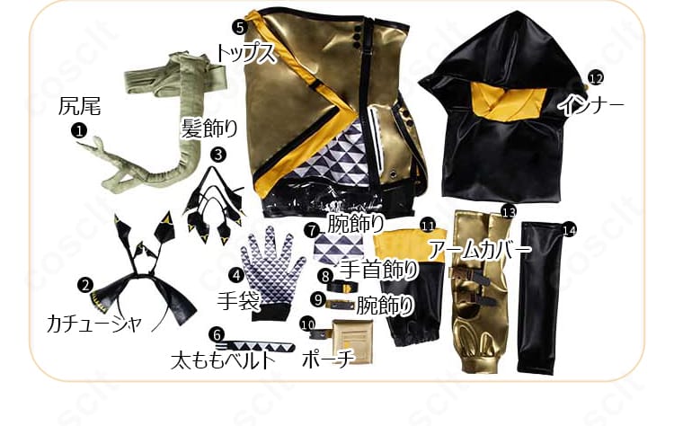 ウィーディ コスプレ衣装のセット内容一覧。尻尾・カチューシャ・髪飾り・手袋・トップス・ベルト・ポーチ等が一望できる画像。