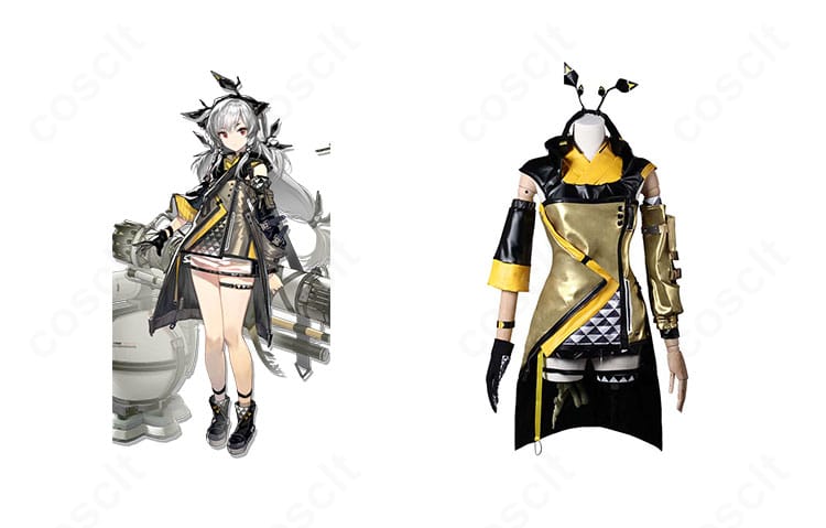 アークナイツのウィーディを再現したコスプレ一式とキャラクターイメージの組み合わせ写真。テック系ディテールがわかる全身構成。