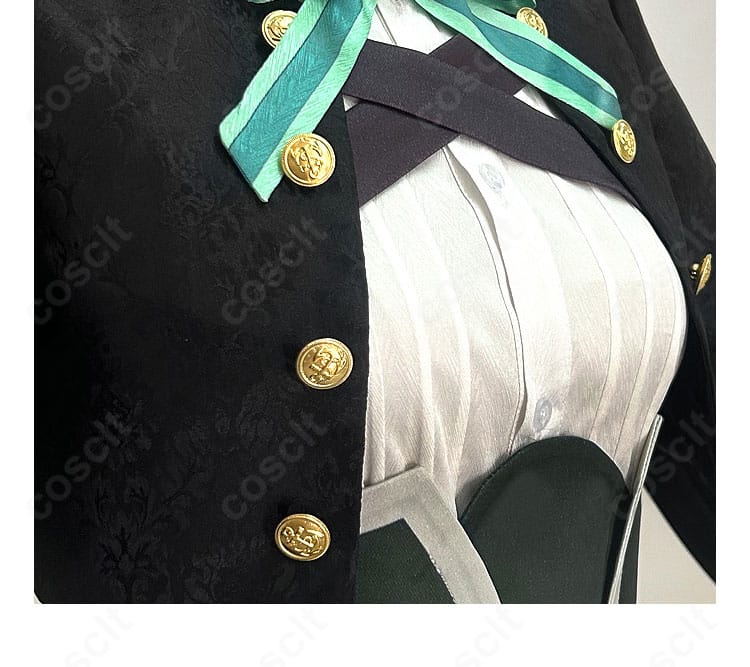 門襟のボタン装飾のアップ。整列したボタンとステッチの仕上がり