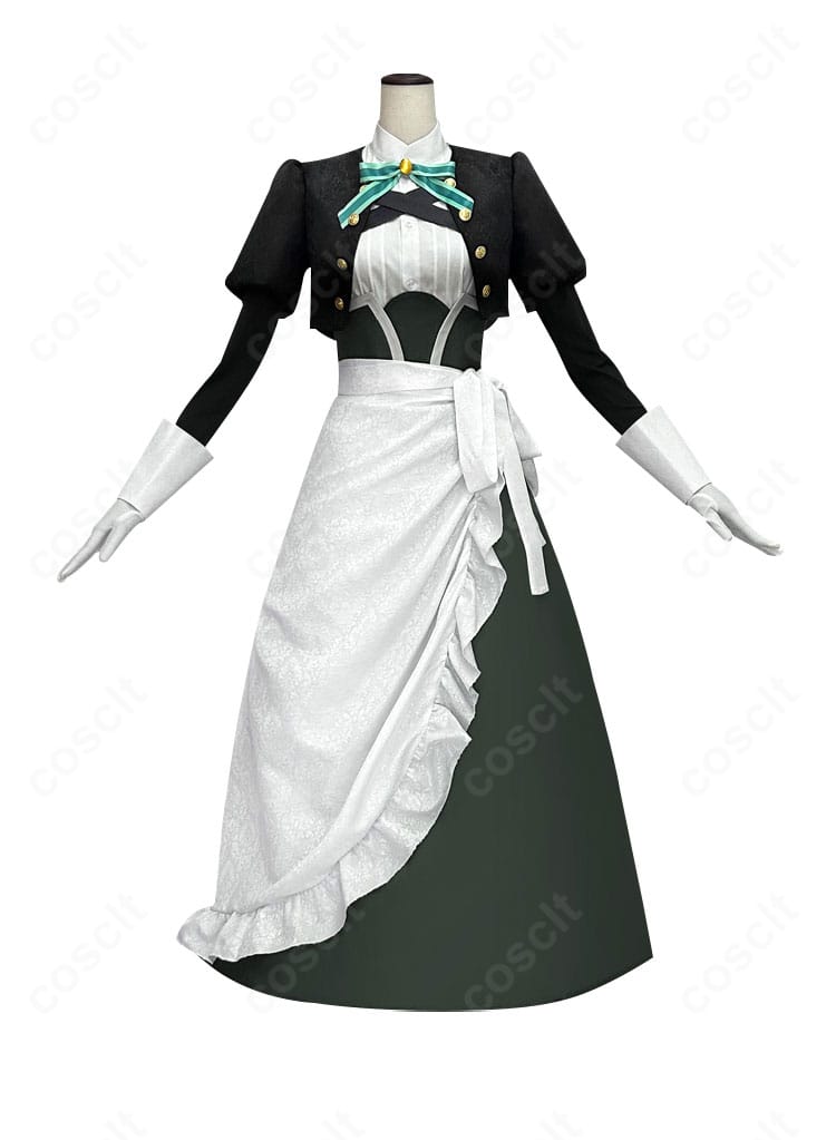 雪（シュエ）メイド服の正面全身。上品な襟元リボンとエプロンのディテールが映えるデザイン