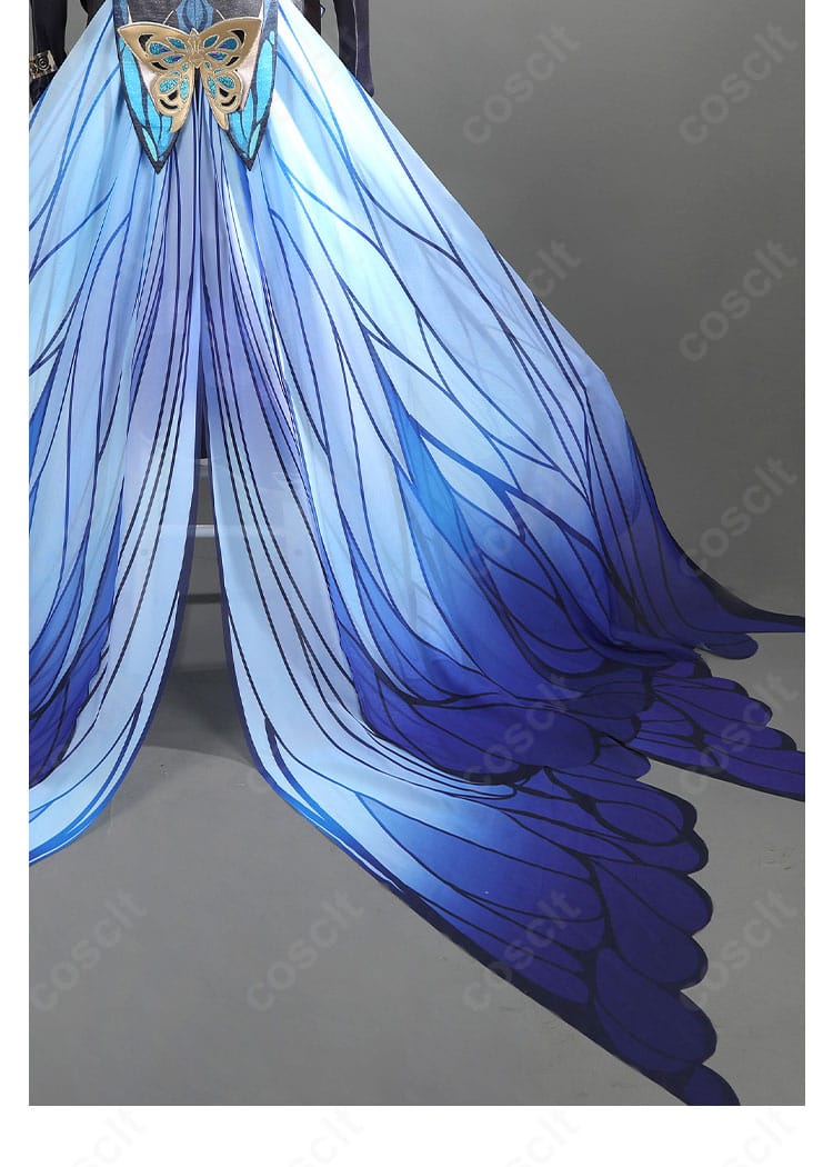 スカート背面の蝶形モチーフ。立体装飾の質感と取り付け位置を説明