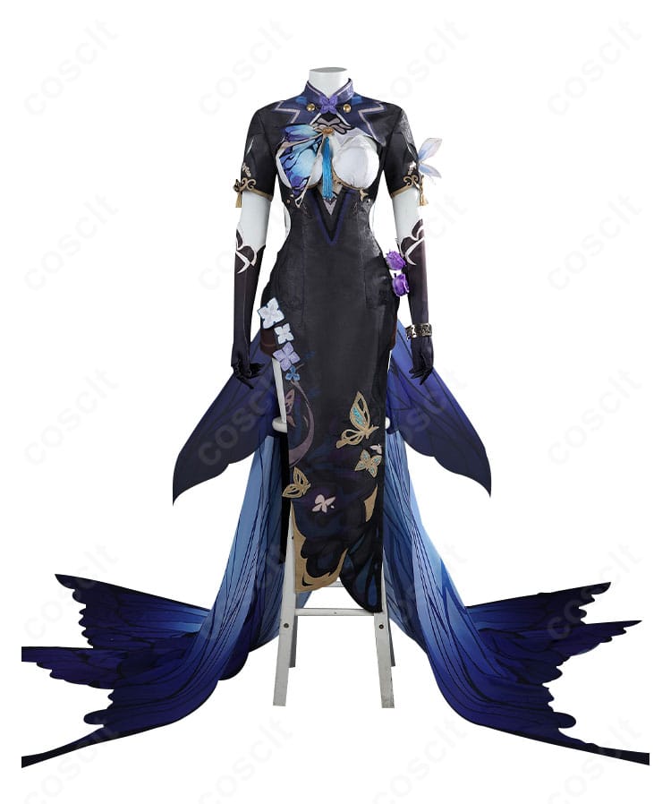 アポニア 胡蝶の夢造りコスプレ衣装の正面全身。刺繍と光沢生地の質感が分かるカット