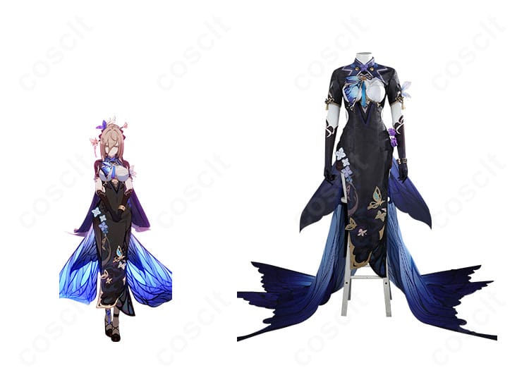 崩壊3rd アポニア 胡蝶の夢造りコスプレの正面全身と公式風ビジュアルの比較構図