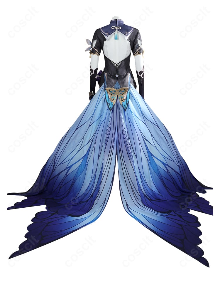 アポニア衣装の背面全身。背飾りとベールの配置・ドレープを見せるカット