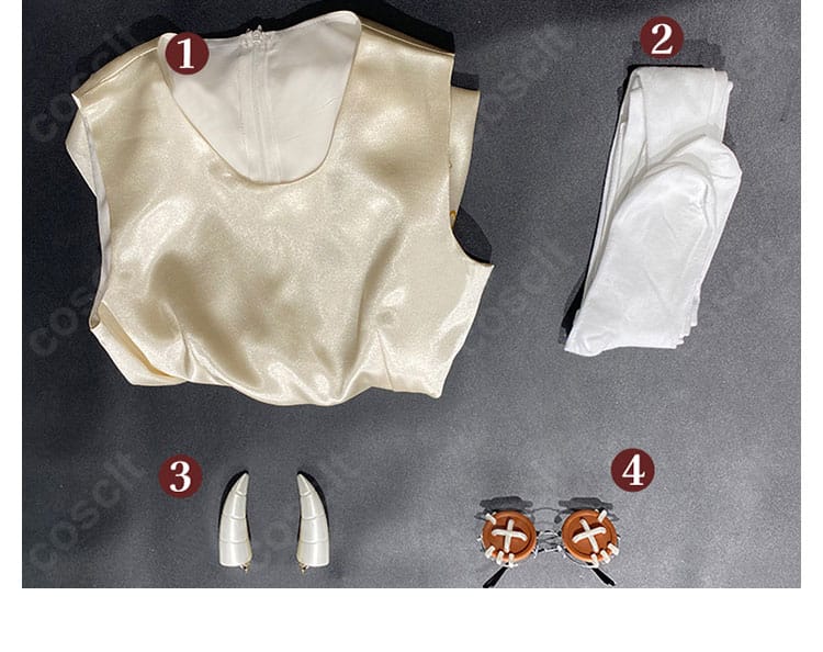 第五人格 少女「記憶 パンドラ」コスプレ衣装のセット内容一式。ワンピース、頭飾り、メガネ、靴下を並べた写真。