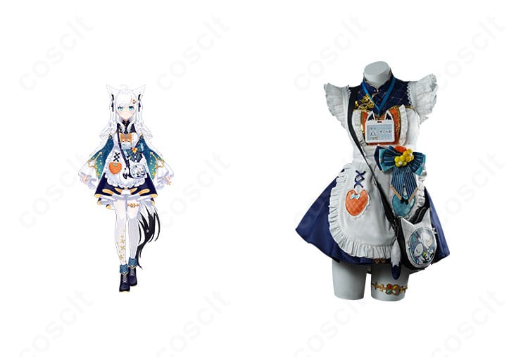 白上フブキのレトロ喫茶コスプレ衣装とキャラビジュアルの組み合わせ。正面全体像と上品な配色・大きな蝶結びが分かる構図。