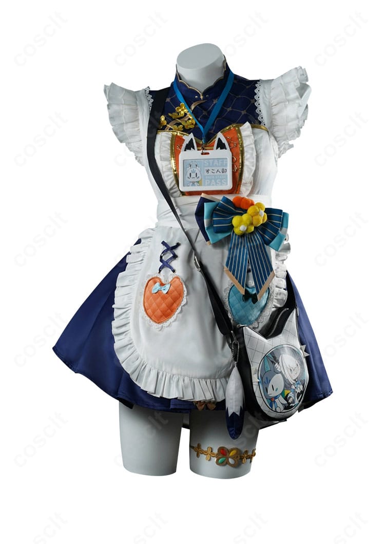 白上フブキ レトロ喫茶コスプレ衣装の正面全体。襟元の配色、エプロンのライン、名札などの再現ディテールが確認できる画像。