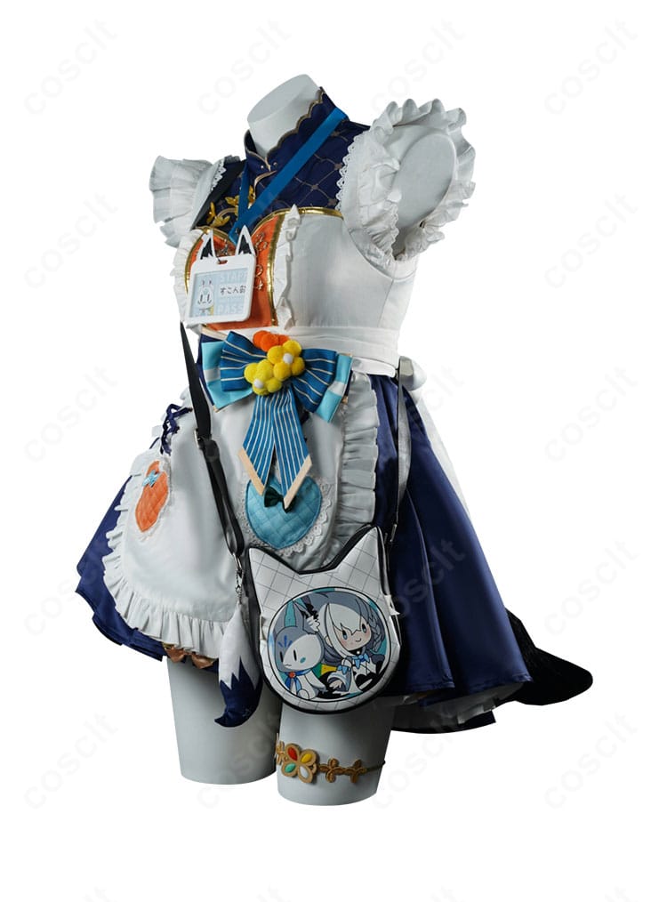 白上フブキ レトロ喫茶衣装の側面。スカートのハリ感とウエストライン、ショルダーバッグの位置関係が分かるショット。