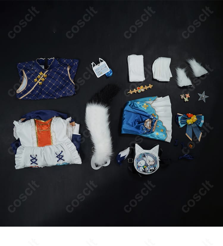 白上フブキ レトロ喫茶衣装のセット内容一覧。ワンピース、エプロン、ショルダーバッグ、耳・尻尾・髪飾り、名札など同梱品の確認画像。